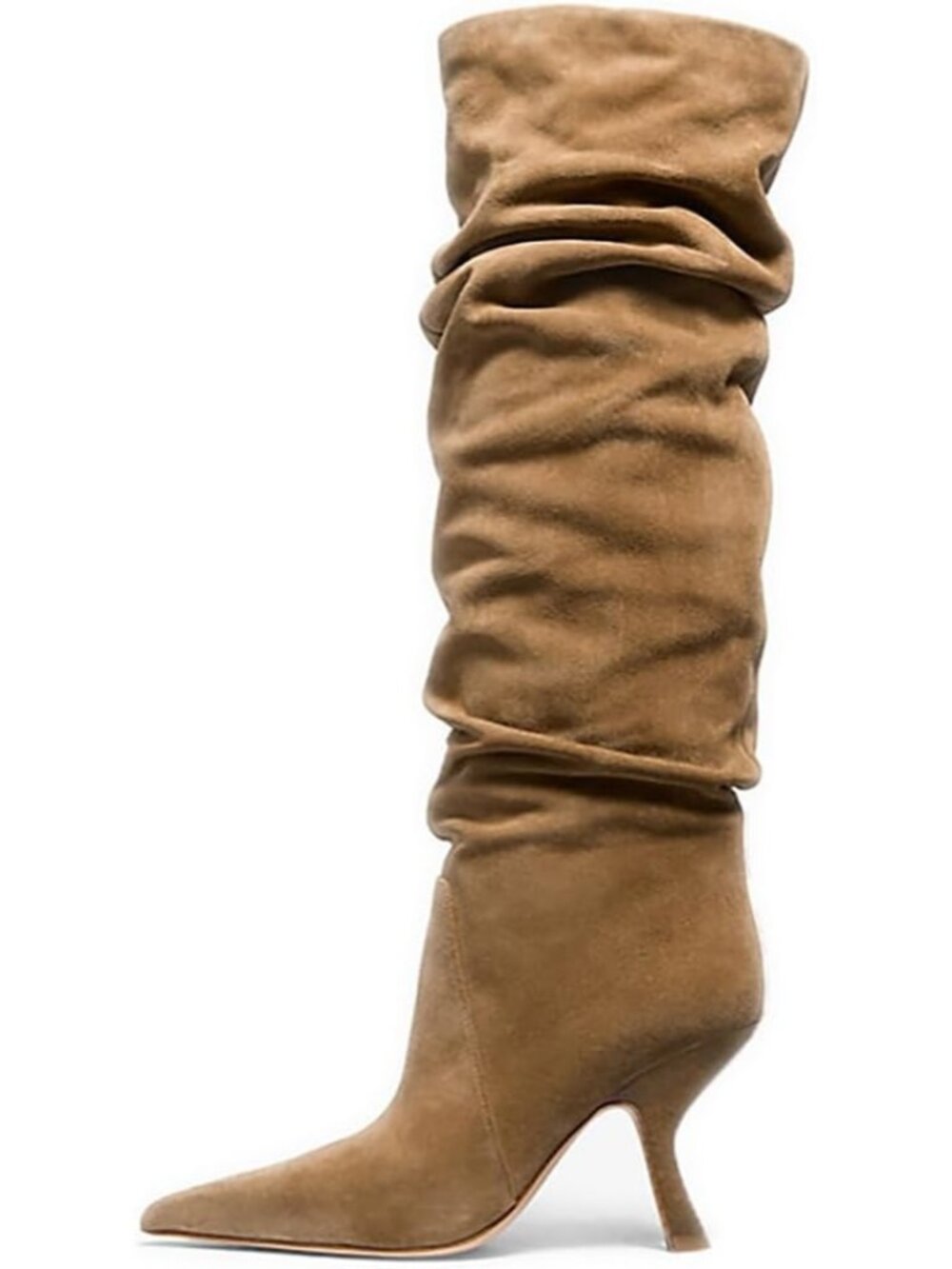 Women's Light Brown Slouch Knee High Boots Kitten Heel Side Zipper Knee-High
